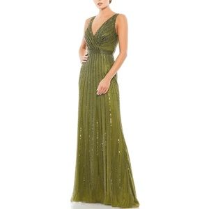 Mac Duggal size 6 olive color beaded v-neck gown